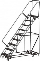Ballymore - 123" 9 Step Rolling Warehouse Ladder - Lock Step Rolling Safety Ladder, 450 Lb Capacity, 90" Platform Height, 32" Base Width x 82" Base Depth, Perforated Tread - Benchmark Tooling