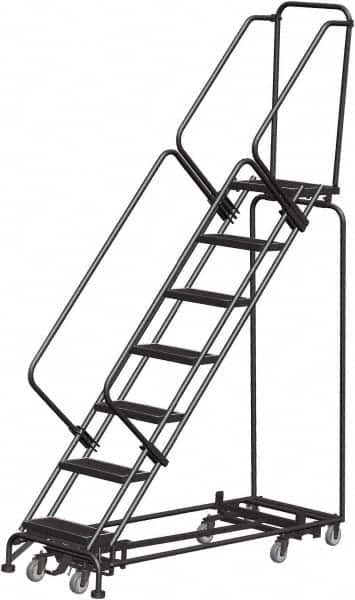 Ballymore - 103" 7 Step Rolling Warehouse Ladder - Lock Step Rolling Safety Ladder, 450 Lb Capacity, 70" Platform Height, 32" Base Width x 66" Base Depth, Perforated Tread - Benchmark Tooling