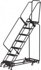 Ballymore - 103" 7 Step Rolling Warehouse Ladder - Lock Step Rolling Safety Ladder, 450 Lb Capacity, 70" Platform Height, 32" Base Width x 66" Base Depth, Perforated Tread - Benchmark Tooling