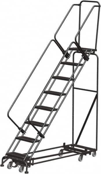 Ballymore - 113" 8 Step Rolling Warehouse Ladder - Lock Step Rolling Safety Ladder, 450 Lb Capacity, 80" Platform Height, 32" Base Width x 74" Base Depth, Perforated Tread - Benchmark Tooling