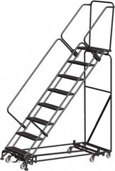 Ballymore - 113" 8 Step Rolling Warehouse Ladder - Lock Step Rolling Safety Ladder, 450 Lb Capacity, 80" Platform Height, 24" Base Width x 74" Base Depth, Perforated Tread - Benchmark Tooling