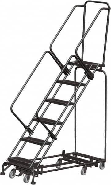 Ballymore - 93" 6 Step Rolling Warehouse Ladder - Lock Step Rolling Safety Ladder, 450 Lb Capacity, 60" Platform Height, 24" Base Width x 58" Base Depth, Perforated Tread - Benchmark Tooling
