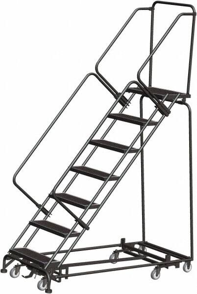 Ballymore - 103" 7 Step Rolling Warehouse Ladder - Lock Step Rolling Safety Ladder, 450 Lb Capacity, 70" Platform Height, 24" Base Width x 66" Base Depth, Perforated Tread - Benchmark Tooling