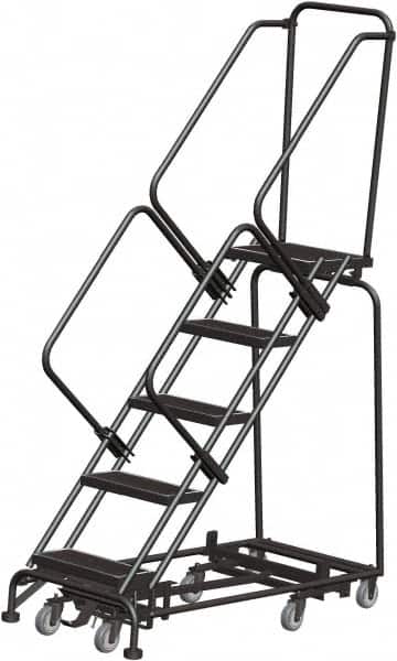 Ballymore - 83" 5 Step Rolling Warehouse Ladder - Lock Step Rolling Safety Ladder, 450 Lb Capacity, 50" Platform Height, 24" Base Width x 50" Base Depth, Perforated Tread - Benchmark Tooling