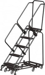 Ballymore - 83" 5 Step Rolling Warehouse Ladder - Lock Step Rolling Safety Ladder, 450 Lb Capacity, 50" Platform Height, 24" Base Width x 50" Base Depth, Perforated Tread - Benchmark Tooling