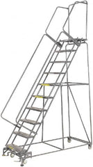 Ballymore - 133" 10 Step Rolling Warehouse Ladder - Lock Step Rolling Safety Ladder, 450 Lb Capacity, 100" Platform Height, 32" Base Width x 74" Base Depth, Perforated Tread - Benchmark Tooling