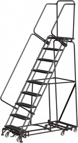 Ballymore - 123" 9 Step Rolling Warehouse Ladder - Lock Step Rolling Safety Ladder, 450 Lb Capacity, 90" Platform Height, 32" Base Width x 68" Base Depth, Perforated Tread - Benchmark Tooling