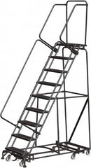 Ballymore - 123" 9 Step Rolling Warehouse Ladder - Lock Step Rolling Safety Ladder, 450 Lb Capacity, 90" Platform Height, 32" Base Width x 68" Base Depth, Perforated Tread - Benchmark Tooling