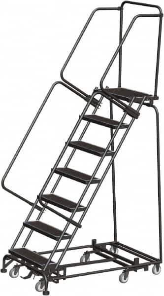 Ballymore - 103" 7 Step Rolling Warehouse Ladder - Lock Step Rolling Safety Ladder, 450 Lb Capacity, 70" Platform Height, 32" Base Width x 55" Base Depth, Perforated Tread - Benchmark Tooling