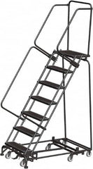 Ballymore - 103" 7 Step Rolling Warehouse Ladder - Lock Step Rolling Safety Ladder, 450 Lb Capacity, 70" Platform Height, 32" Base Width x 55" Base Depth, Perforated Tread - Benchmark Tooling
