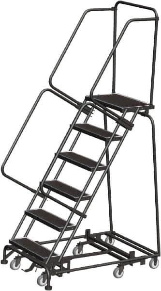 Ballymore - 93" 6 Step Rolling Warehouse Ladder - Lock Step Rolling Safety Ladder, 450 Lb Capacity, 60" Platform Height, 32" Base Width x 49" Base Depth, Perforated Tread - Benchmark Tooling