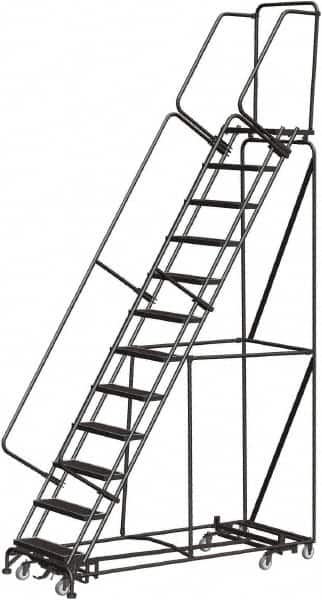 Ballymore - 143" 11 Step Rolling Warehouse Ladder - Lock Step Rolling Safety Ladder, 450 Lb Capacity, 110" Platform Height, 32" Base Width x 80" Base Depth, Perforated Tread - Benchmark Tooling