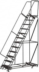 Ballymore - 143" 11 Step Rolling Warehouse Ladder - Lock Step Rolling Safety Ladder, 450 Lb Capacity, 110" Platform Height, 32" Base Width x 80" Base Depth, Perforated Tread - Benchmark Tooling