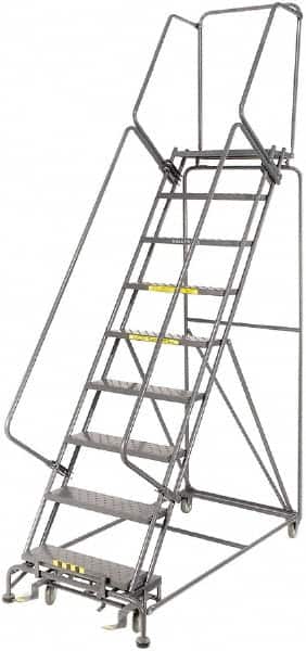 Ballymore - 123" 9 Step Rolling Warehouse Ladder - Lock Step Rolling Safety Ladder, 450 Lb Capacity, 90" Platform Height, 32" Base Width x 68" Base Depth, Perforated Tread - Benchmark Tooling