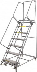 Ballymore - 103" 7 Step Rolling Warehouse Ladder - Lock Step Rolling Safety Ladder, 450 Lb Capacity, 70" Platform Height, 32" Base Width x 55" Base Depth, Perforated Tread - Benchmark Tooling