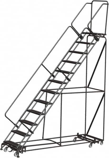Ballymore - 153" 12 Step Rolling Warehouse Ladder - Lock Step Rolling Safety Ladder, 450 Lb Capacity, 120" Platform Height, 32" Base Width x 106" Base Depth, Perforated Tread - Benchmark Tooling