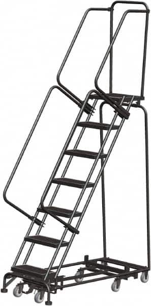 Ballymore - 103" 7 Step Rolling Warehouse Ladder - Lock Step Rolling Safety Ladder, 450 Lb Capacity, 70" Platform Height, 24" Base Width x 55" Base Depth, Perforated Tread - Benchmark Tooling