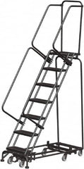 Ballymore - 103" 7 Step Rolling Warehouse Ladder - Lock Step Rolling Safety Ladder, 450 Lb Capacity, 70" Platform Height, 24" Base Width x 55" Base Depth, Perforated Tread - Benchmark Tooling