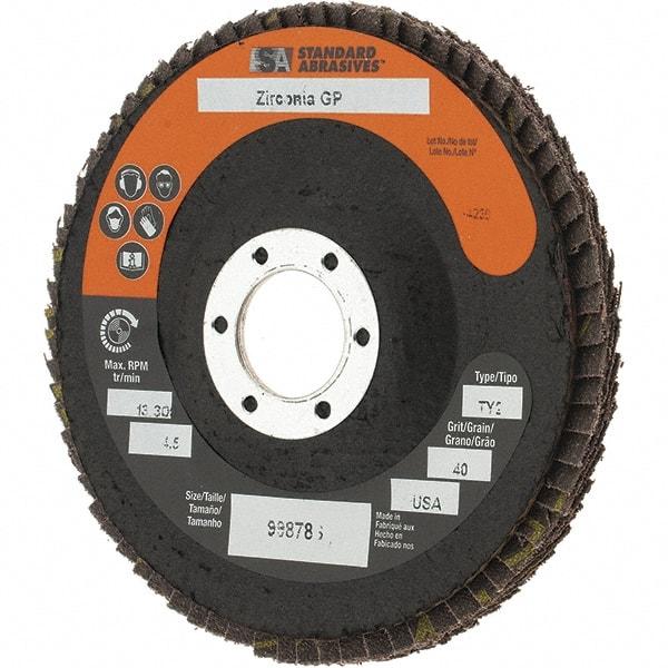 Camel Grinding Wheels - 40 Grit, 4-1/2" Disc Diam, 7/8" Center Hole, Type 29 Zirconia Alumina Flap Disc - Arbor Attaching System, Coated - Benchmark Tooling