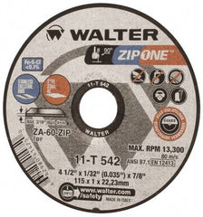 WALTER Surface Technologies - 4-1/2" Aluminum Oxide/Silicon Carbide Blend Cutoff Wheel - 1/32" Thick, 7/8" Arbor, 13,300 Max RPM, Use with Angle Grinders - Benchmark Tooling