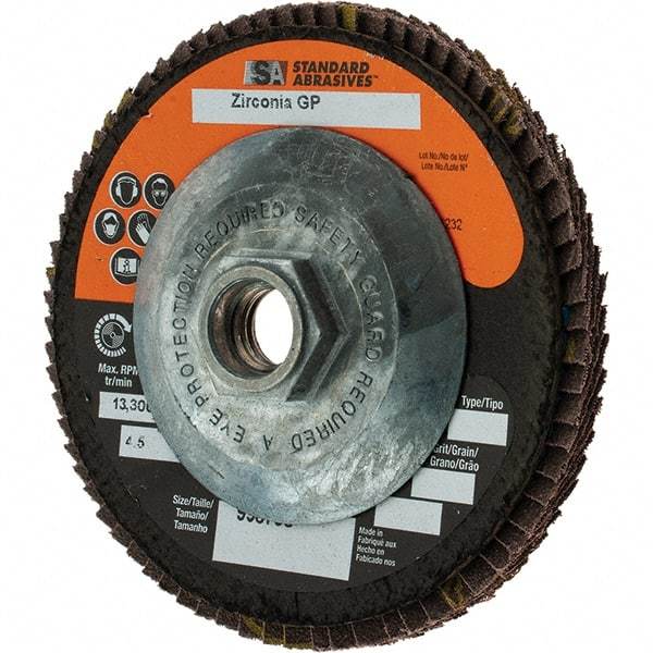 Camel Grinding Wheels - 40 Grit, 4-1/2" Disc Diam, 5/8-11 Center Hole, Type 29 Zirconia Alumina Flap Disc - Arbor Attaching System, Coated - Benchmark Tooling