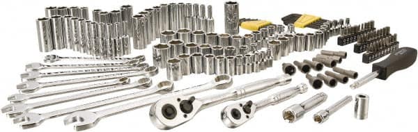 Stanley - 145 Piece 1/4" & 3/8" Drive Chrome Vanadium Finish Deep Well Socket Set - 6 Points, 5/32" to 11/16" (4mm to 17mm) Range, Inch/Metric Measurement Standard - Benchmark Tooling