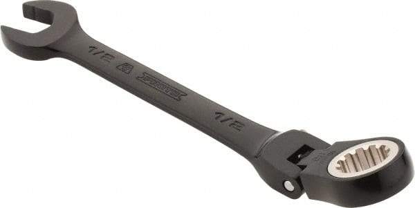 Proto - 1/2" 12 Point Flexhead Combination Wrench - 15° Offset Angle, 6" OAL, Steel, Black Chrome Finish - Benchmark Tooling