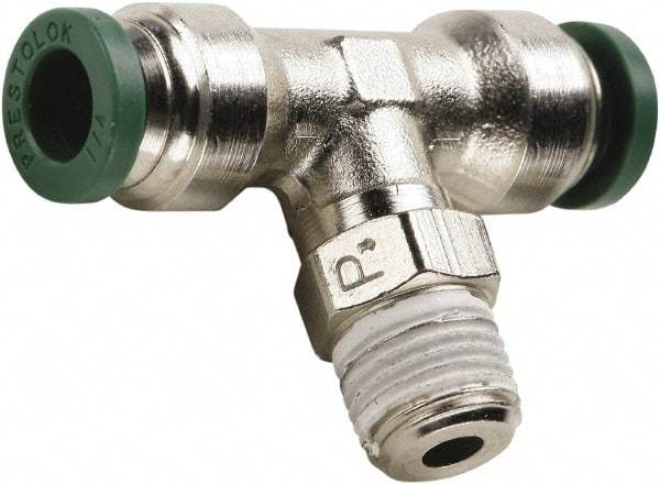 Parker - 3/8" Outside Diam, 1/2 NPT, Nickel Plated Brass Push-to-Connect Tube Male Swivel Branch Tee - 300 Max psi, Tube to Male NPT Connection, Buna-N O-Ring - Benchmark Tooling