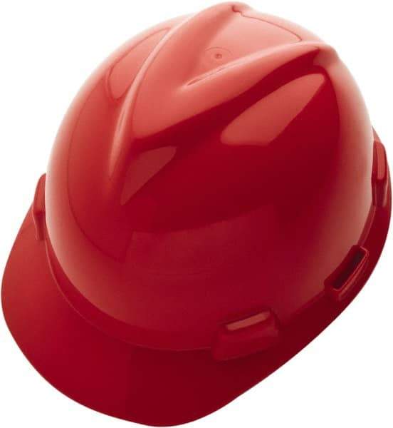 MSA - ANSI Type I, Class E Rated, 4-Point, Ratchet Adjustment Hard Hat - Size 6-5/8 to 7-3/4, Red, Standard Brim - Benchmark Tooling