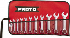 Proto - 11 Piece, 1/4" to 3/4", 12 Point Extra Short Combination Wrench Set - Inch Measurement Standard, Full Polish Chrome Finish, Comes in Tool Roll - Benchmark Tooling