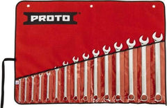 Proto - 15 Piece, 1/4" to 1", 12 Point Spline Combination Wrench Set - Inch Measurement Standard, Full Polish Chrome Finish, Comes in Tool Roll - Benchmark Tooling