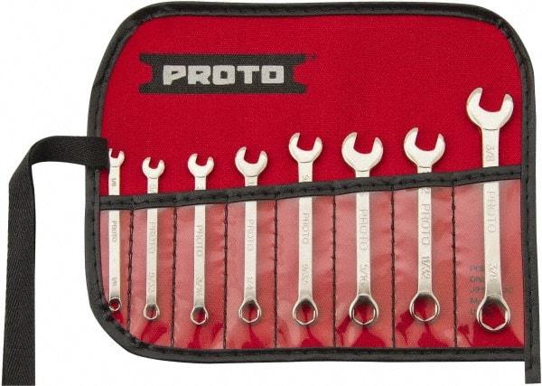 Proto - 8 Piece, 1/8" to 3/8", 6 Point Extra Short Combination Wrench Set - Inch Measurement Standard, Full Polish Finish, Comes in Nylon Roll - Benchmark Tooling