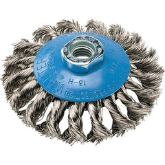 WALTER Surface Technologies - 4" Diam, 5/8-11 Threaded Arbor, Stainless Steel Fill Cup Brush - 0.015 Wire Diam, 20,000 Max RPM - Benchmark Tooling