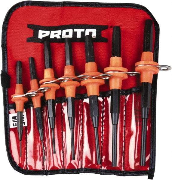 Proto - 7 Piece, 1/16 to 1/4", Tethered Pin Punch Set - Straight Shank, Comes in Nylon Roll - Benchmark Tooling