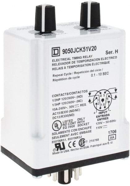 Square D - DPDT Time Delay Relay - 10 Contact Amp, 110 VDC & 120 VAC - Benchmark Tooling