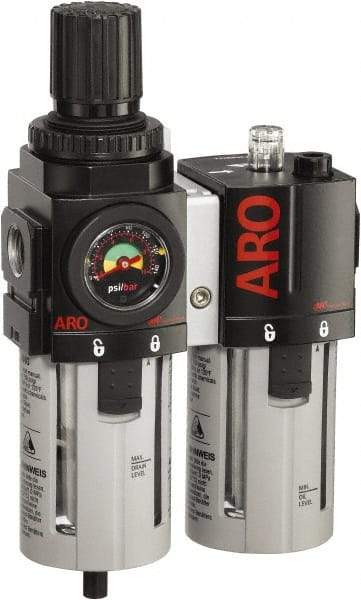 ARO/Ingersoll-Rand - 3/8" NPT Port Standard 2 Piece Filter/Regulator-Lubricator FRL Unit - Polycarbonate Bowl, 96 SCFM, 150 Max psi, 9.95" High x 5.724" Long, Manual Drain - Benchmark Tooling