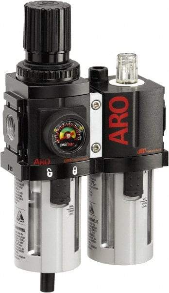 ARO/Ingersoll-Rand - 3/8" NPT Port Compact 2 Piece Filter/Regulator-Lubricator FRL Unit - Polycarbonate Bowl, 71 SCFM, 150 Max psi, 8.15" High x 4.409" Long, Automatic Drain - Benchmark Tooling