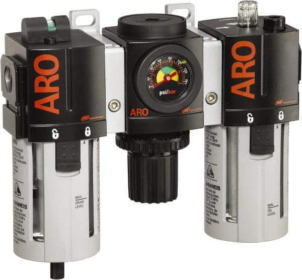 ARO/Ingersoll-Rand - 1/2" NPT Port Standard 3 Piece Filter-Regulator-Lubricator FRL Unit - Polycarbonate Bowl, 150 SCFM, 150 Max psi, 7.7" High x 8.693" Long, Automatic Drain - Benchmark Tooling