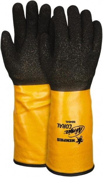 MCR Safety - Size XL (10), ANSI Cut Lvl 2, Puncture Lvl 2, Abrasion Lvl 4, PVC Coated PVC Cut Resistant Gloves - 14" Long, Palm, Fingers & Knuckles Coated, Dyneema Lining, Gauntlet Cuff, Black/Yellow, Paired - Benchmark Tooling