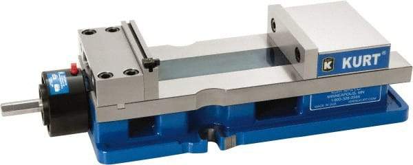 Kurt - 6" Jaw Width, 9" Jaw Opening Capacity, Horizontal Stationary Machine Vise - Reverse Hydraulic Operation, 1 Station, 20.553" Long x 4.86" High x 1-47/64" Deep, 1.735" Jaw Height, 5,250 Lb Max Clamp Force, Ductile Iron - Benchmark Tooling