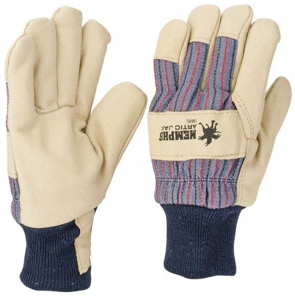 MCR Safety - Size L Pigskin General Protection Work Gloves - For General Purpose, Uncoated, Knit Wrist Cuff, Tan/Blue/Black/Red, Paired - Benchmark Tooling