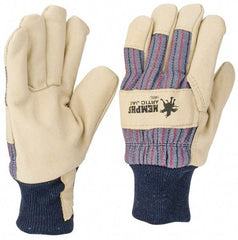MCR Safety - Size L Pigskin General Protection Work Gloves - For General Purpose, Uncoated, Knit Wrist Cuff, Tan/Blue/Black/Red, Paired - Benchmark Tooling