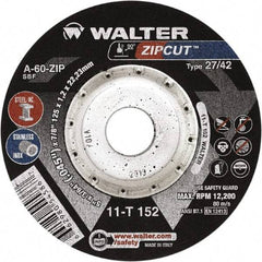 WALTER Surface Technologies - 60 Grit, 4-1/2" Wheel Diam, 3/64" Wheel Thickness, 7/8" Arbor Hole, Type 27 Depressed Center Wheel - Aluminum Oxide, Resinoid Bond, 13,300 Max RPM, Compatible with Angle Grinder - Benchmark Tooling