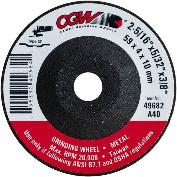Camel Grinding Wheels - 40 Grit, 2-5/16" Wheel Diam, 5/32" Wheel Thickness, 3/8" Arbor Hole, Type 27 Depressed Center Wheel - Medium Grade, Aluminum Oxide, Resinoid Bond, 20,000 Max RPM - Benchmark Tooling