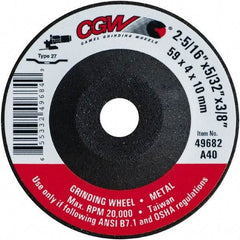 Camel Grinding Wheels - 40 Grit, 2-5/16" Wheel Diam, 5/32" Wheel Thickness, 3/8" Arbor Hole, Type 27 Depressed Center Wheel - Medium Grade, Aluminum Oxide, Resinoid Bond, 20,000 Max RPM - Benchmark Tooling
