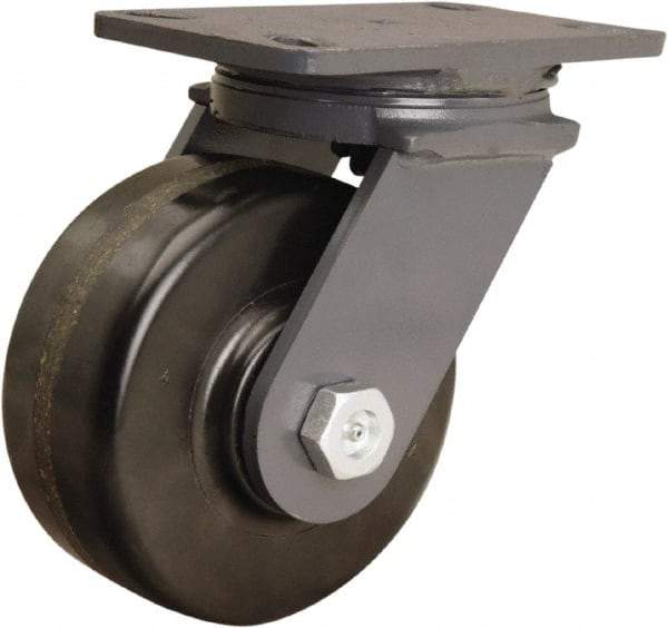 Hamilton - 6" Diam x 2-1/2" Wide x 7-3/4" OAH Top Plate Mount Swivel Caster - Phenolic, 1,800 Lb Capacity, Tapered Roller Bearing, 4-1/2 x 6-1/2" Plate - Benchmark Tooling