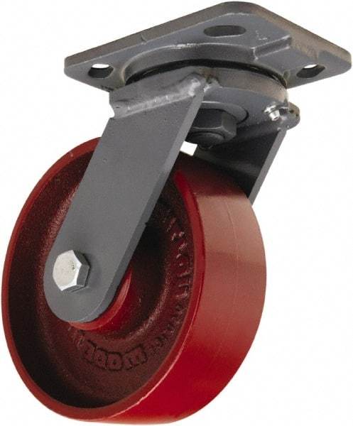 Hamilton - 6" Diam x 2" Wide x 7-1/2" OAH Top Plate Mount Swivel Caster - Cast Iron, 1,400 Lb Capacity, Sealed Precision Ball Bearing, 4 x 5" Plate - Benchmark Tooling