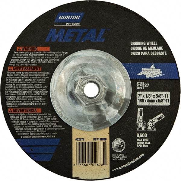 Norton - 24 Grit, 7" Wheel Diam, 1/8" Wheel Thickness, Type 27 Depressed Center Wheel - Extra Coarse Grade, Aluminum Oxide, 8,600 Max RPM, Compatible with Angle Grinder - Benchmark Tooling