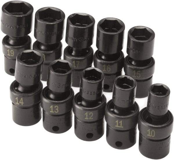 SK - 10 Piece 3/8" Drive Standard Impact Socket Set - 6 Points, 10 to 19mm, Metric Measurement Standard - Benchmark Tooling