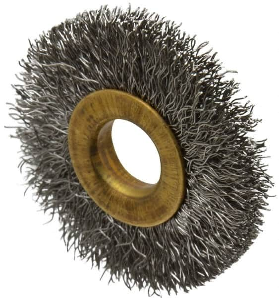 Value Collection - 1-1/2" OD, 3/8" Arbor Hole, Crimped Stainless Steel Wheel Brush - 1/4" Face Width, 3/8" Trim Length, 0.007" Filament Diam, 20,000 RPM - Benchmark Tooling